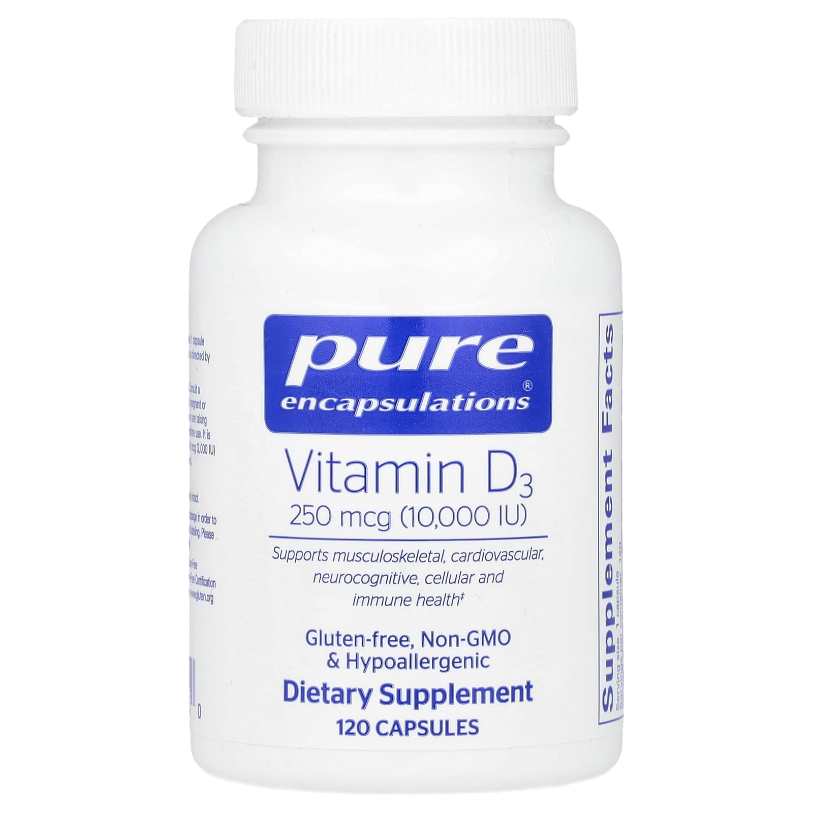 Pure Encapsulations, Vitamin D3 250 mcg 10,000 IU, 120 Capsules UPC 766298011950 | HiLife Vitamins